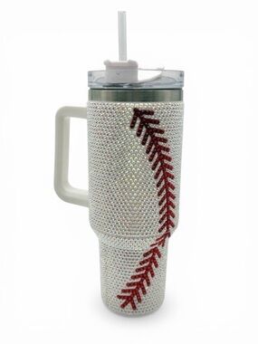 40oz Rhinestone Baseball Tumbler Mug Handle Straw Bling Sports Travel Cup